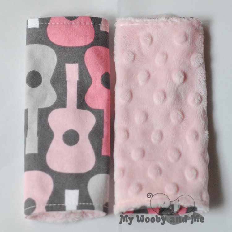 Car Seat Strap Covers - Groovy Guitar Bloom - Light Pink Minky Dot - Reversible - READY TO SHIP