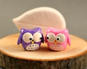 Tree Slice Business Card Holder - Little Owls In Purple And Pink - Miniature Polymer Clay Animal