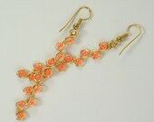 Crush, handmade, wire wrapped, brass wire and orange seed bead, linear, dangle, pierced earrings