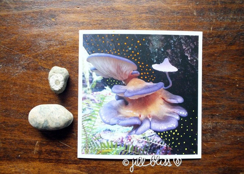 Mushroom Ferns, 4"x4" original mixed media artwork on paper
