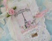 French Mini Journal Lace Collage Journal with Eiffel Tower and Shabby Roses