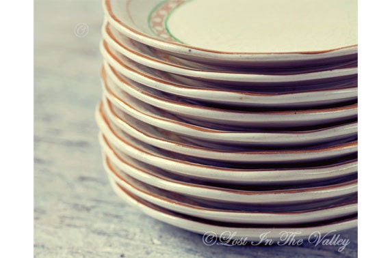 Kitchen Art, Old Plate Photo, Sill Life Photography, Stack of Plates, 8x10 Fine Art Photograph, Cream, Grey, Off White, Gold, Wall Decor