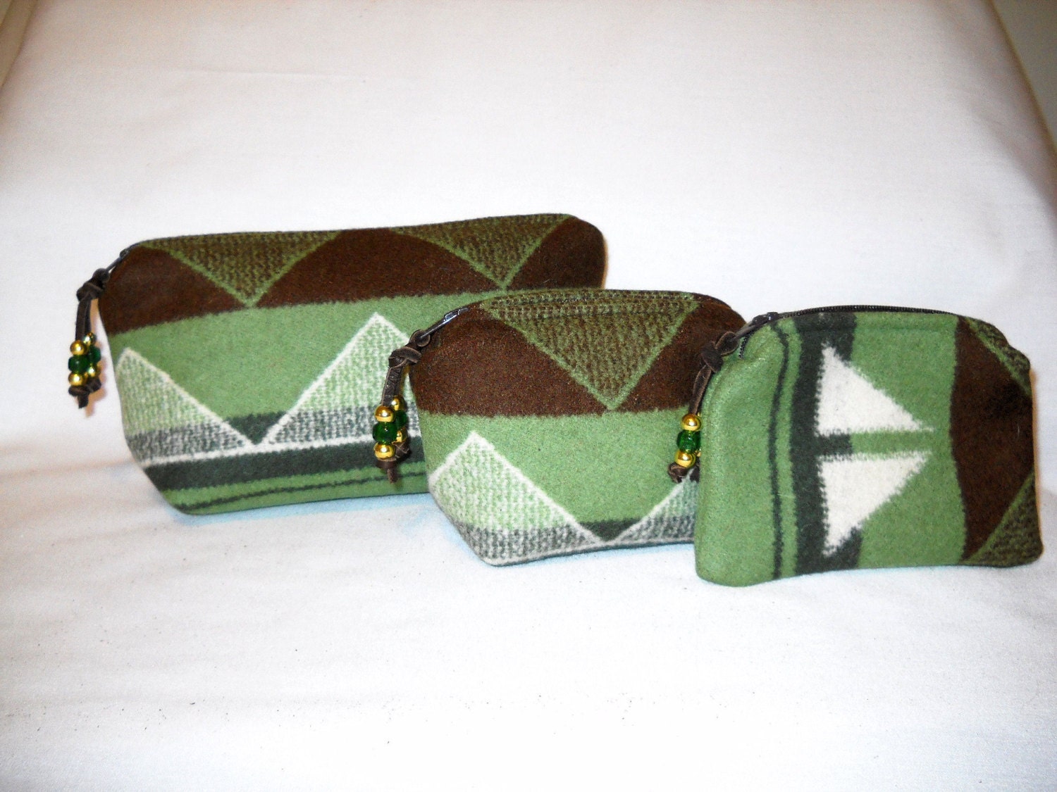 Deluxe Organizer Set of 3 / Gift Set Wool Green and Brown Geometric Southwestern Tribal