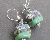 handmade lampwork bead earrings  boro glass green charcoal pattern cubed beads- eme