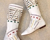 White, Leather, Southwestern, Native American, Gladiator, 90's, Patterned, Boots, Womens, Size, 10,