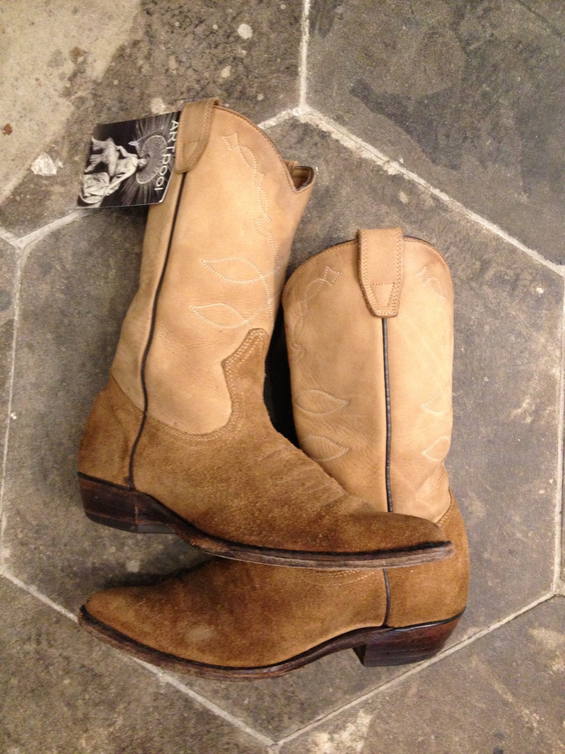 Vintage, Leather, Suede, Wooden, Heels, Cowboy, Cowgirl, Country, Western, Boots, Embroidered, Women's, Size, 7 1/2