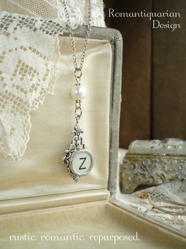 Typewriter Key Jewelry - Rare White Letter Z Necklace. Vintage Typewriter Key Necklace. Antique Silver & Glass Pearl. Repurposed Jewelry.