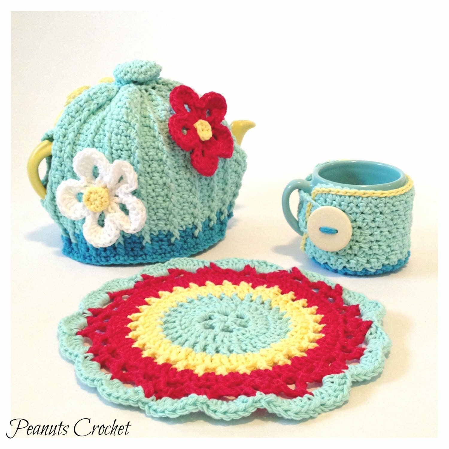 Teapot Cozy Cover, Mug Cozy and Large Potholder Kitchen Set Crochet YOU PICK Colors and Size