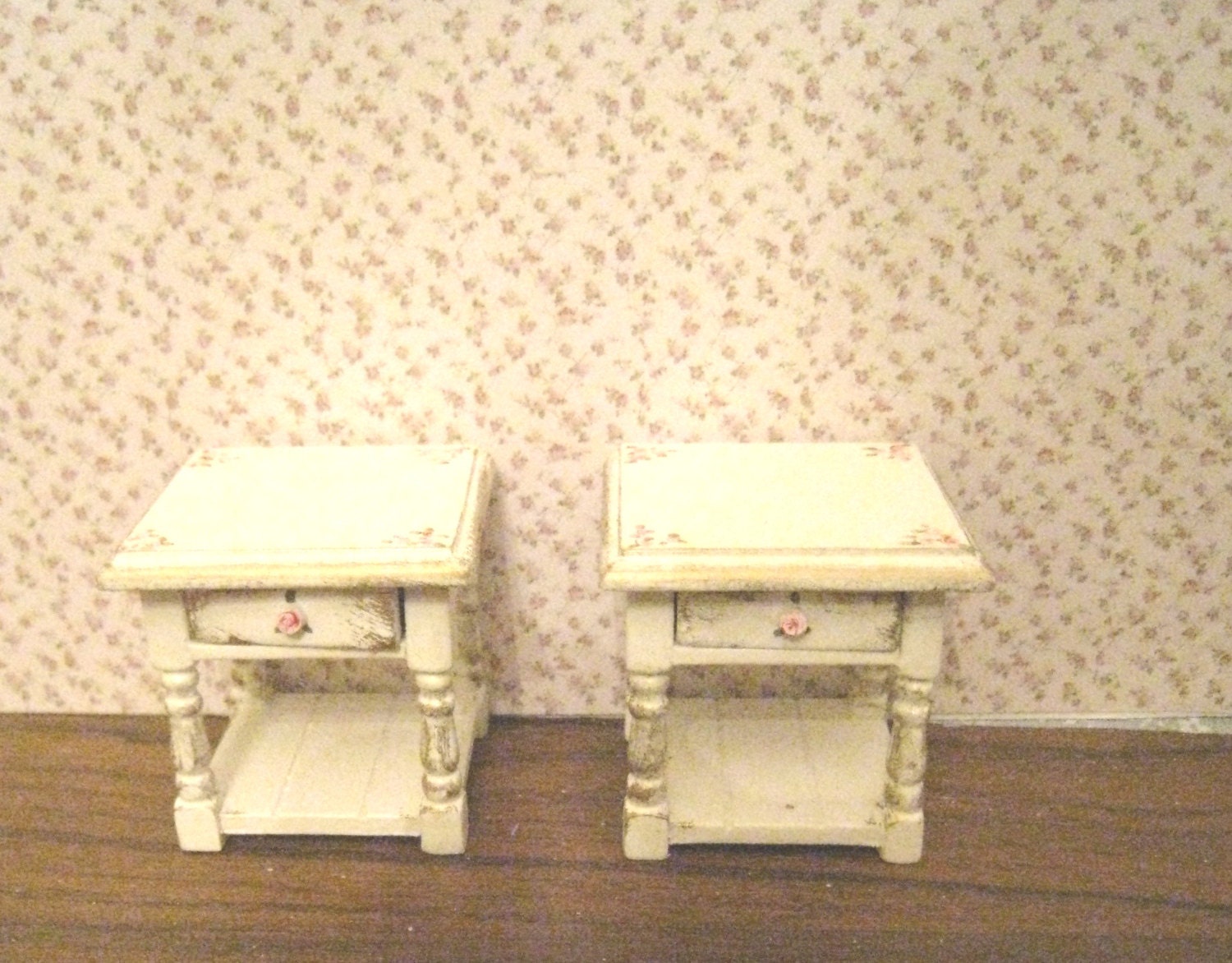 Shabby Chic  bedside chests set of two,  distressed white with rose bouquets,  Twelfth scale dollhouse miniature