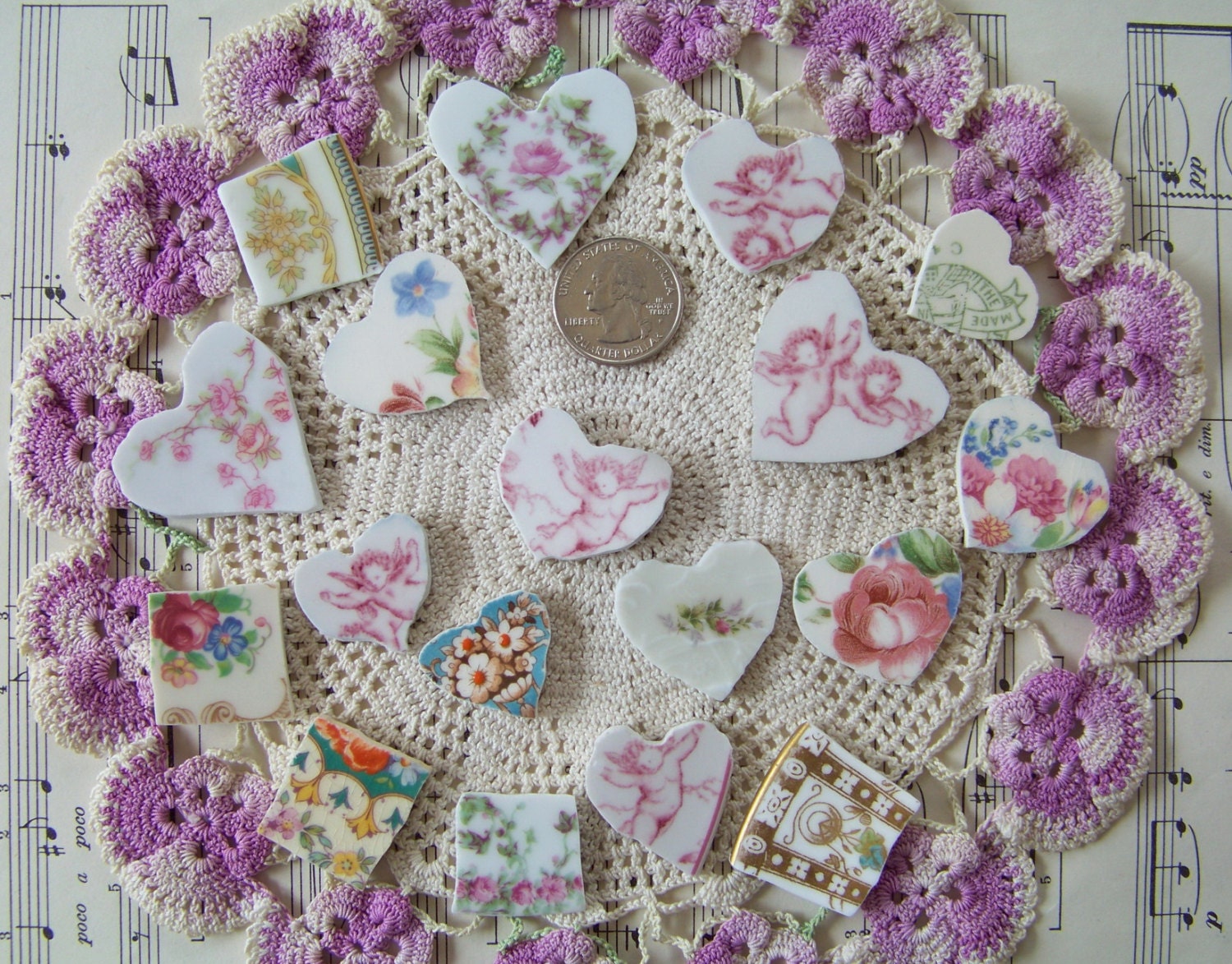 Handcut Tiles Hearts and Squares Mix 18 Broken China Pieces Ready for Jewelry and More ECS