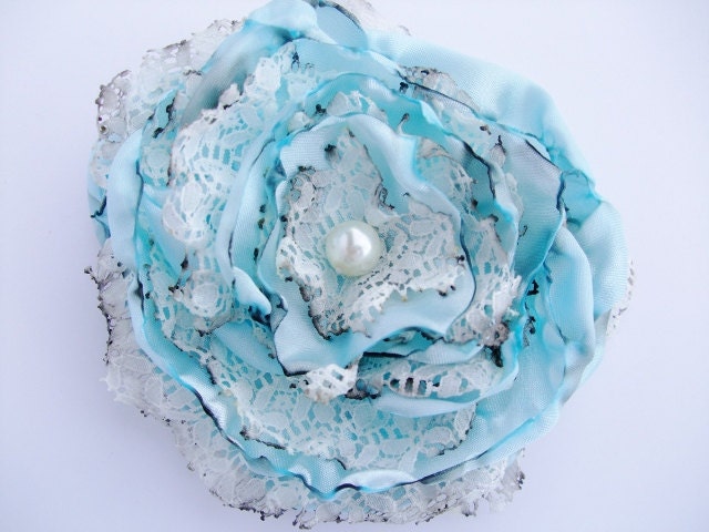 Wedding Hair Flower, Tea Stained Baby Blue Flower Accessory, Maternity Sash