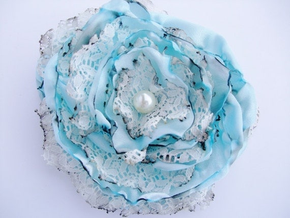Wedding Hair Flower, Tea Stained Baby Blue Flower Accessory, Maternity Sash