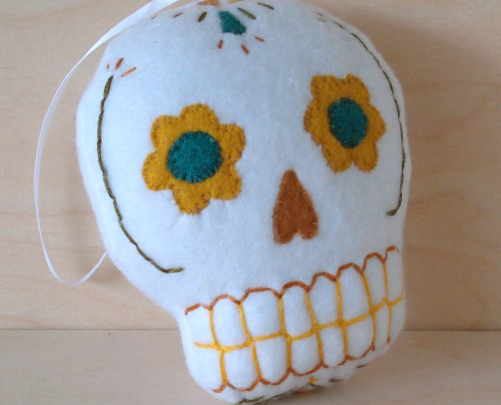 Sugar Skull plush ornament, white orange green