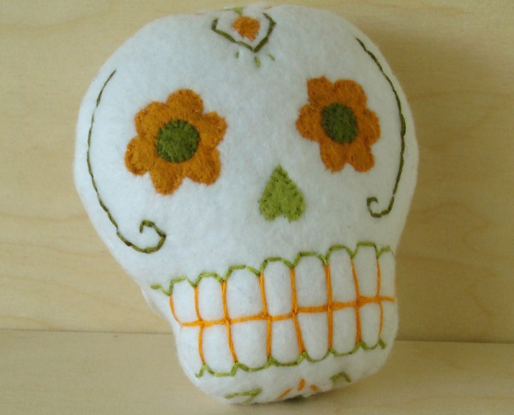 Sugar Skull plush ornament, white orange green
