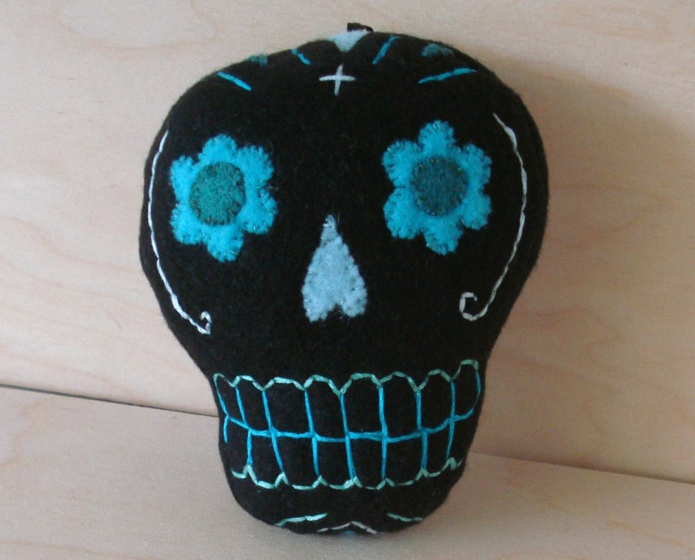 Sugar Skull plush ornament, black blue turquoise