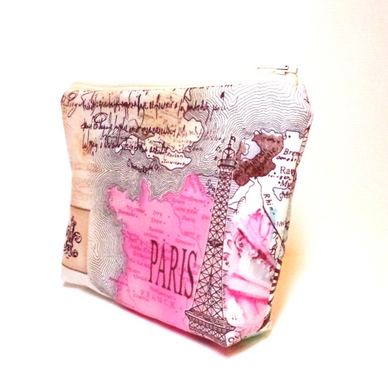 Medium Cotton Zipper Pouch Cosmetic Bag Pencil Case - Parisian Landmarks - handjstarcreations