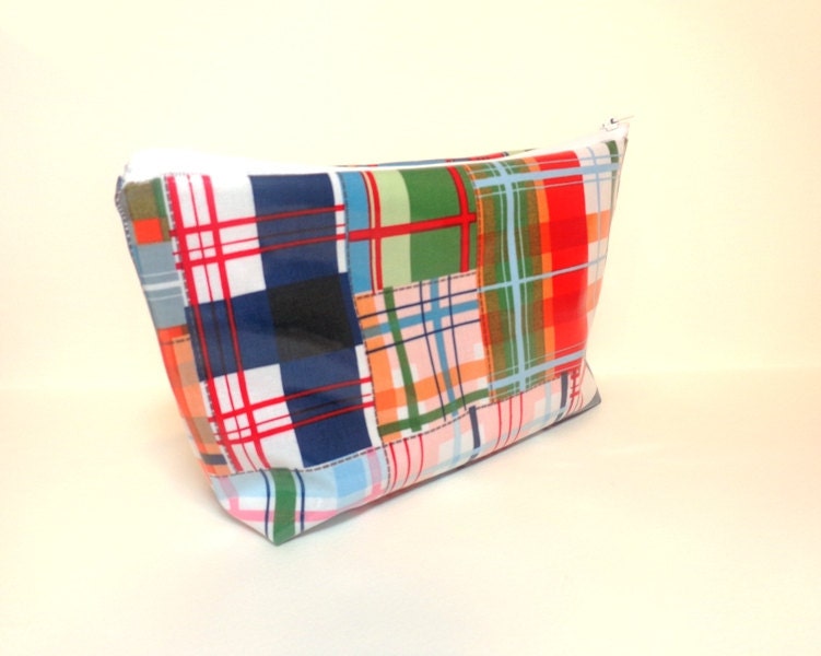 Medium Zipper Pouch Pencil Case Cosmetic Pouch Toiletery Bag Madras Plaid Laminate Fathers Day, Graduation Gift