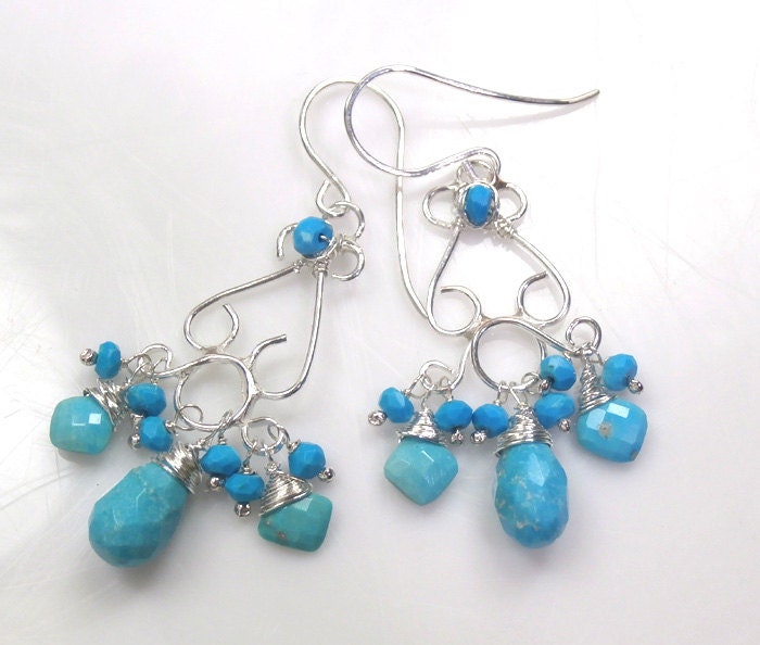 Turquoise Chandelier Earrings Wire Wrapped Sterling Silver Filigree Handmade Sleeping Beauty Summer Fashion - Chiara