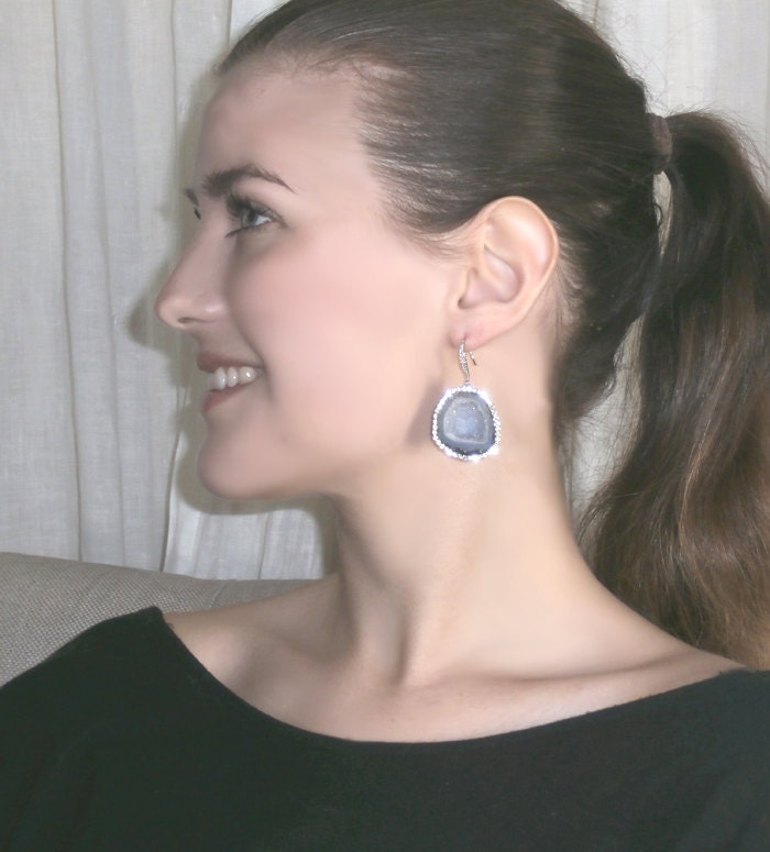 RESERVED - Tabasco Geode Earrings Grey Blue Slice Earrings Diamond Bezel Style - Jenny - Payment 2