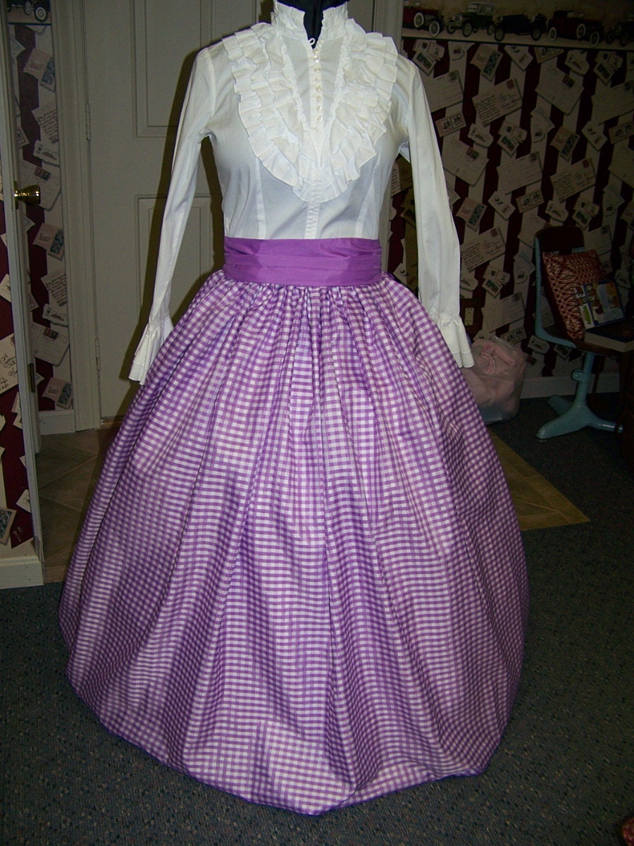 Colonial,Civil War,Victorian,costume Long drawstring SKIRT and Sash one size fit all Lavender and white checked Taffia,Handmade