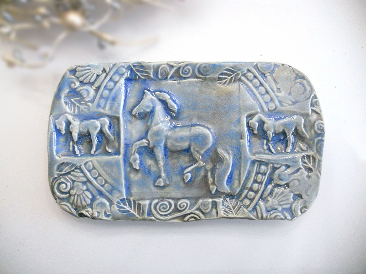 Horse Butter Dish Soap Dish Ceramic Sponge Holder Handmade Pottery w feet Sky Blue