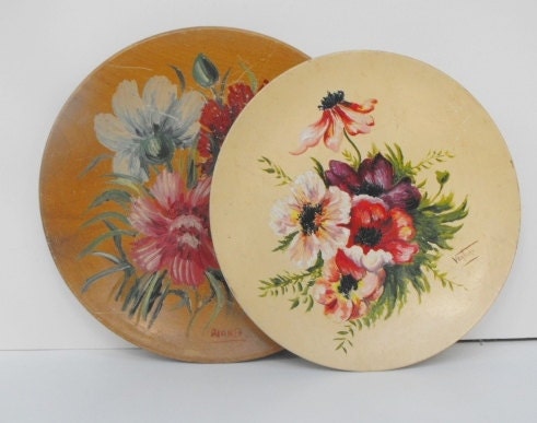 2 Vintage Wooden Plates Handpainted Flowers Wall Hanging