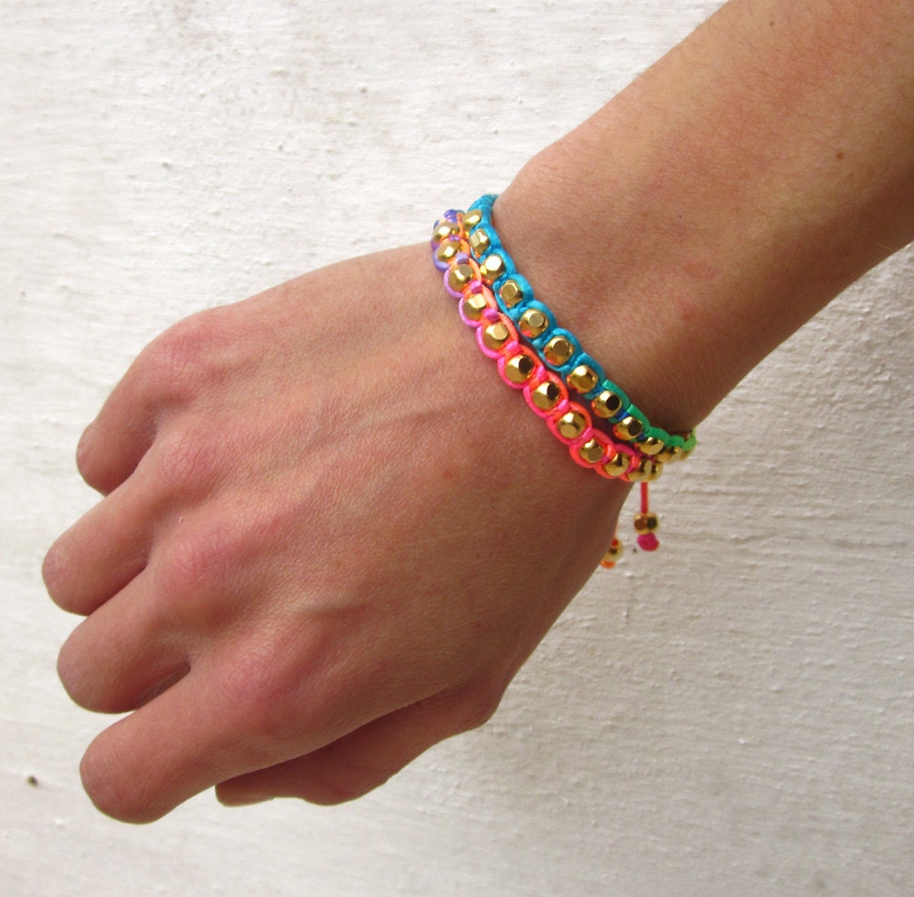 Rainbow friendship bracelet SET neon bracelets macrame gold beads stack bracelet beaded