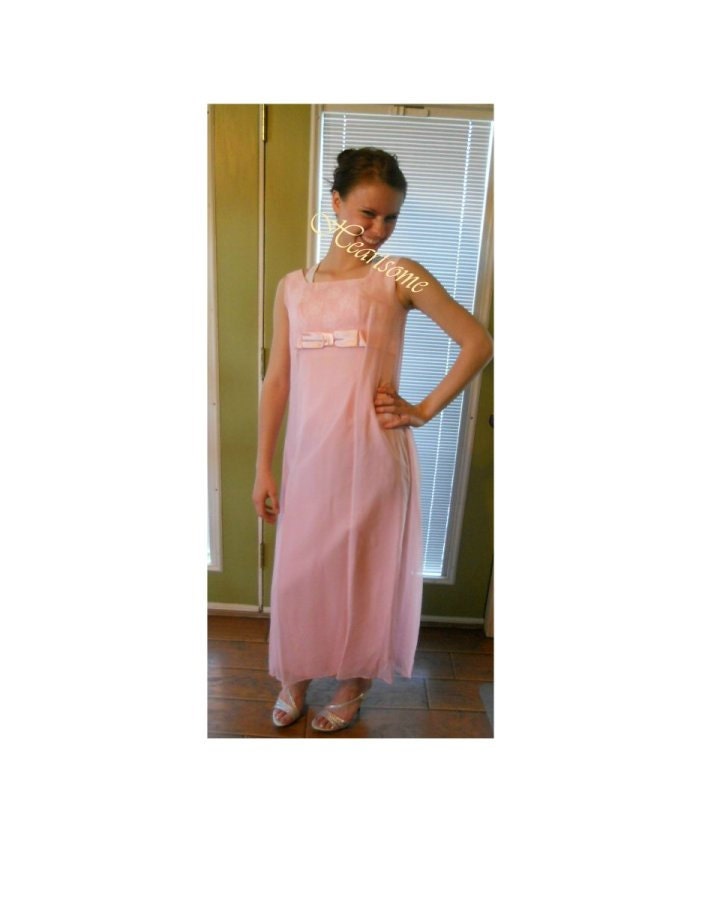 Pink Chiffon maxi dress vintage 60s empire waist retro mid century formal