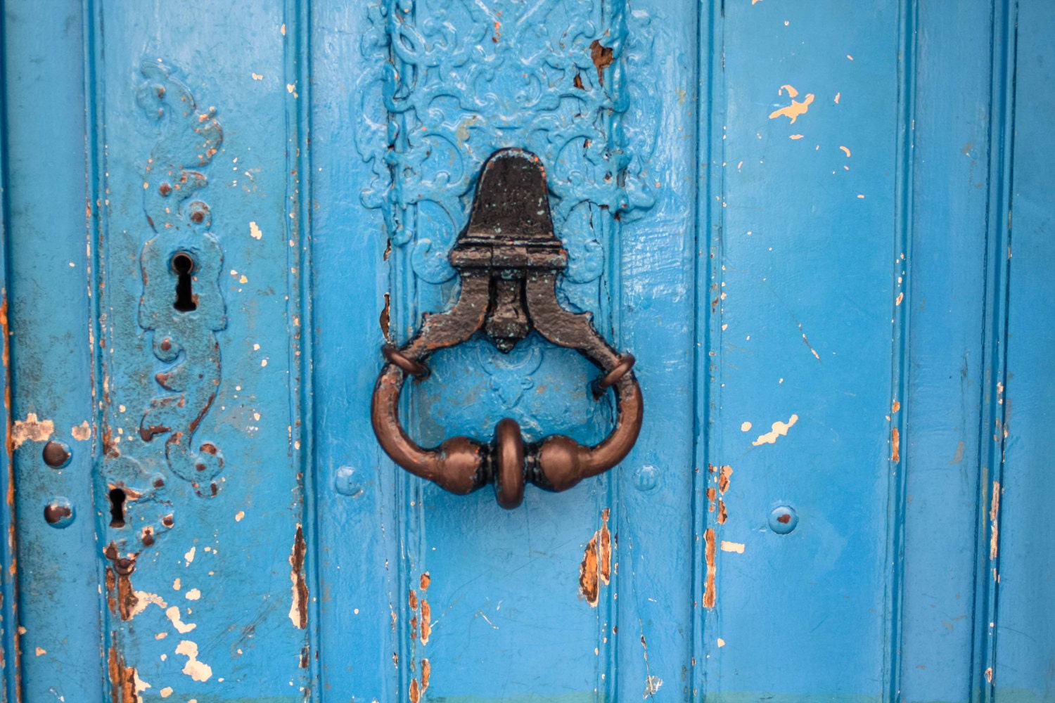 Paris Door Photography - Turquoise Door in the Marais Paris, France 8x10 Photograph - French Home Decor  - rustic pink