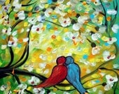 Whimsical Original Painting Love Birds Spring Cherry Flowers Tree Fine Art MAY WEDDING by Luiza Vizoli