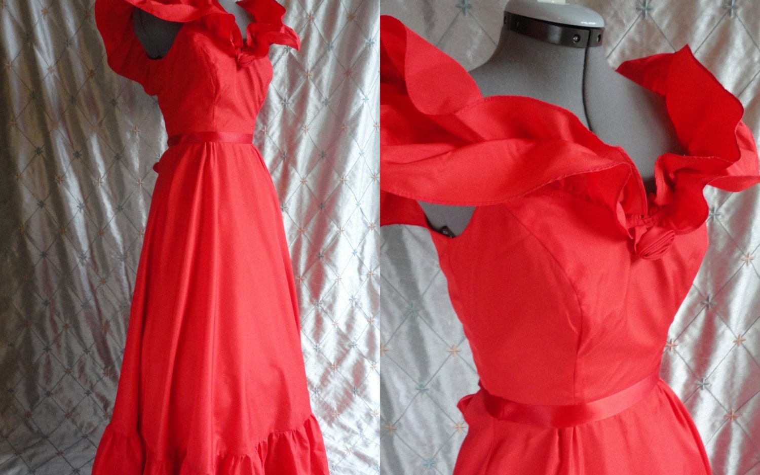 Formal Maxi Dress // 80s Dress // Vintage 1980s Red Ruffly Prom Party Formal Maxi Dress by Roberta Size S
