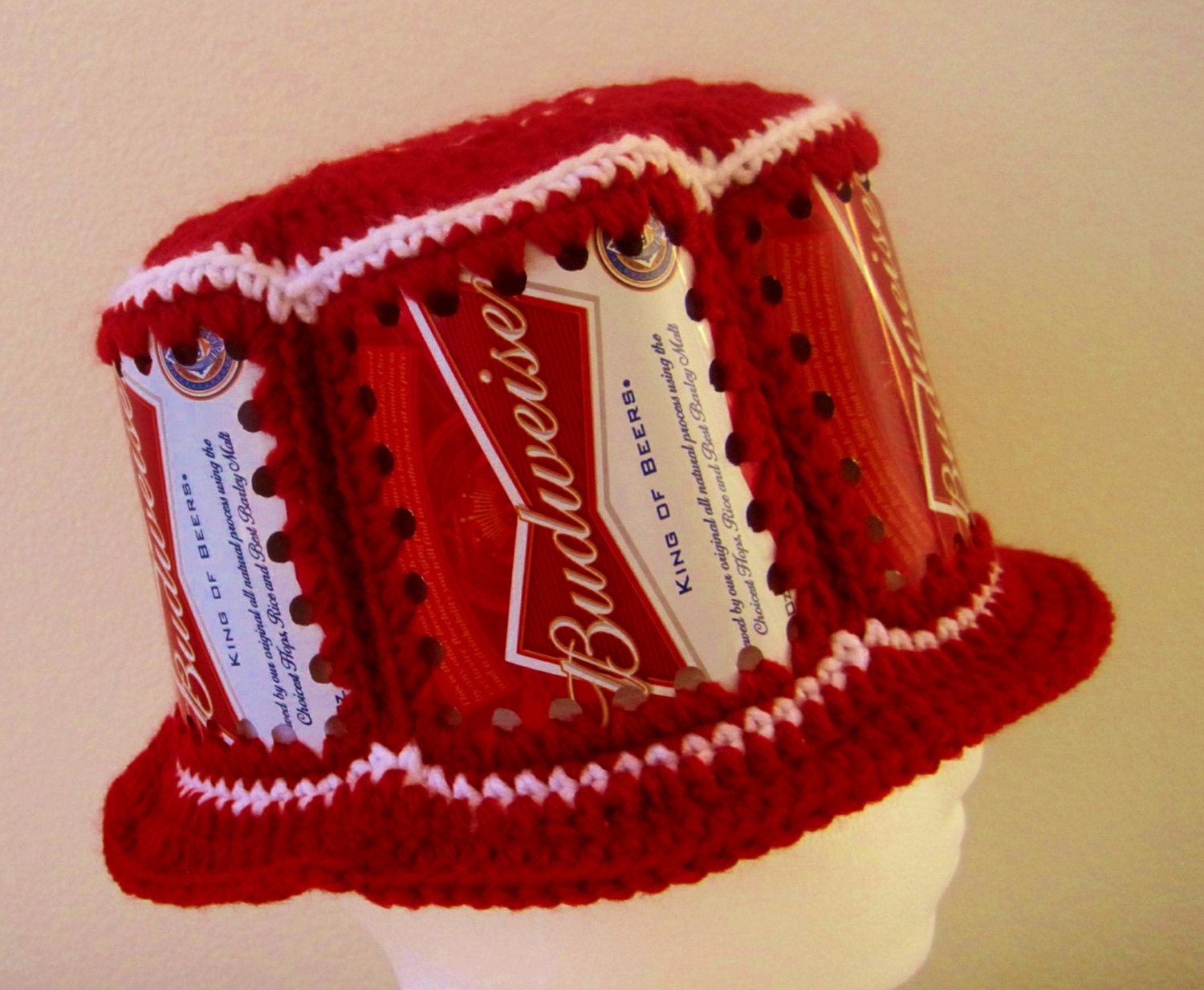 Crocheted Beer Can Hat - Budweiser