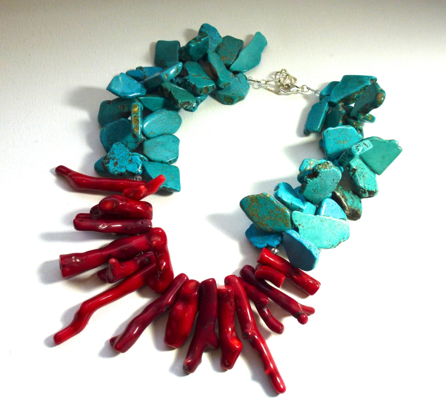 Coral and Howlite Necklace , Red Branch Coral and Blue Howlite Necklace, Statement Necklace, Howlite Necklace