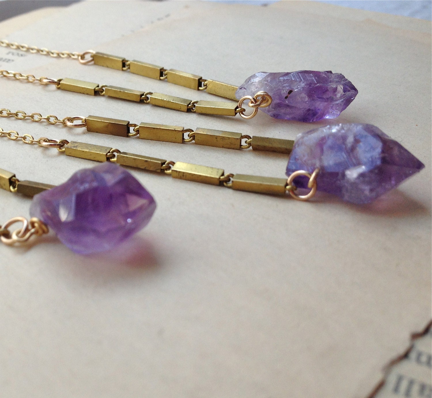 Amethyst crystal necklace, purple crystal chunk on long vintage brass chain