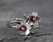 Cherry Blossom Branch Adjustable Ring in Silver, Stacking rings, Spring Jewelry, MADE to ORDER, Twig ring, Bridal accessories