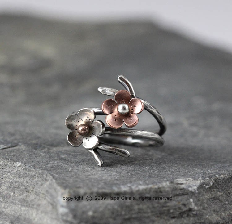Cherry Blossom Branch Adjustable Ring in Silver, Spring Jewelry, MADE to ORDER, Plum blossom, Twig ring, Bridal accessories, wedding jewelry