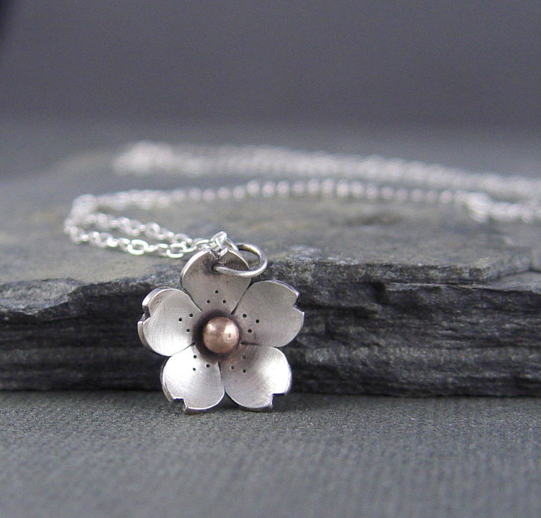 Silver Cherry Blossom Pendant - Sterling silver and Bronze, Gifts for Her, Spring jewelry, Sakura flower