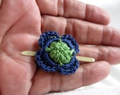 Crochet Lapel Pin, Tiny Men's Navy Blue and Green Buttonhole Suit Flower