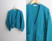 vintage '80s TEAL & green CHUNKY KNIT oversized cardigan. size s m l (osfm).