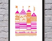 Tiny Towers silkscreen print - orange and hot pink