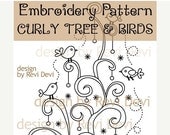 ON SALE Curly Tree and Birds 15023 - Cute Embroidery Pattern - PDF download - Whimsical design for home decor