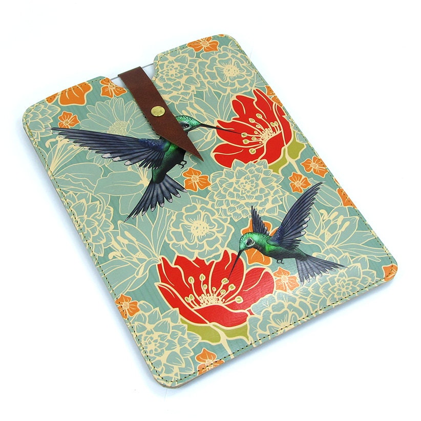 Leather iPad Mini case - Hummingbirds in floral bliss