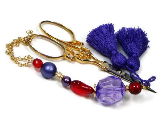 Beaded Scissor Fob, Purple, Red, DIY Crafts, Needlepoint ,Quilting, Sewing, Cross Stitch, TJBdesigns