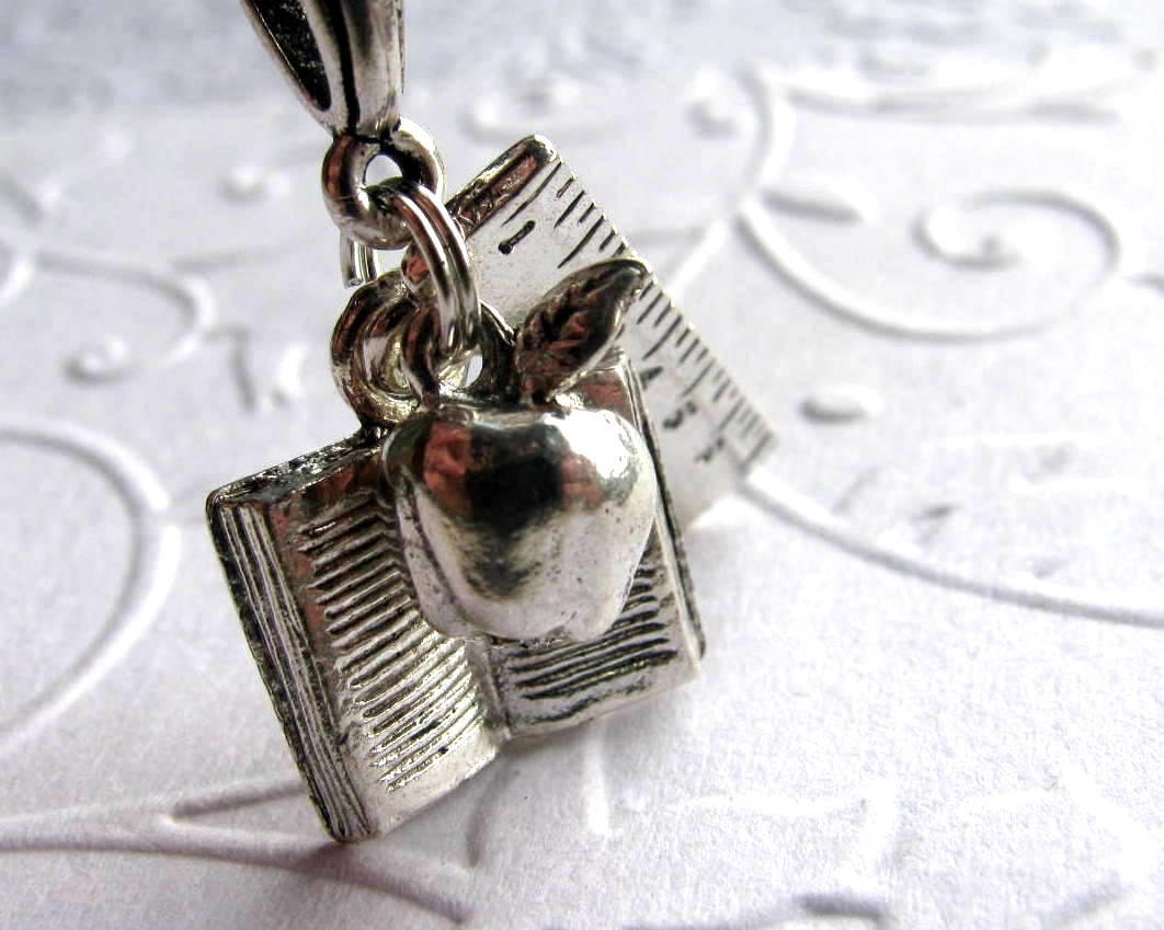Teacher necklace, teacher ID lanyard, silver pewter apple charm, book, ruler, reading, literacy, math tutor, literature, back to school