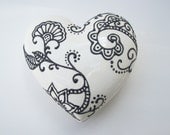Stylish Henna Black on White Ceramic  Heart Box - Ready to ship