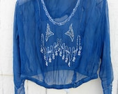 Azure Blue Silk Flapper Blouse with Sailor Collar Gray Embroidery and White Beads Size Small to Medium