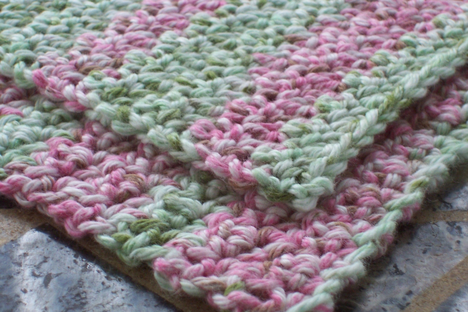 Crochet Small Wash Cloths - Set of Two - Pretty Pink Stripes - Facecloth Green Cotton Eco Friendly