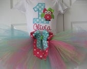 Boutique owl First Birthday monogrammed owl tutu set