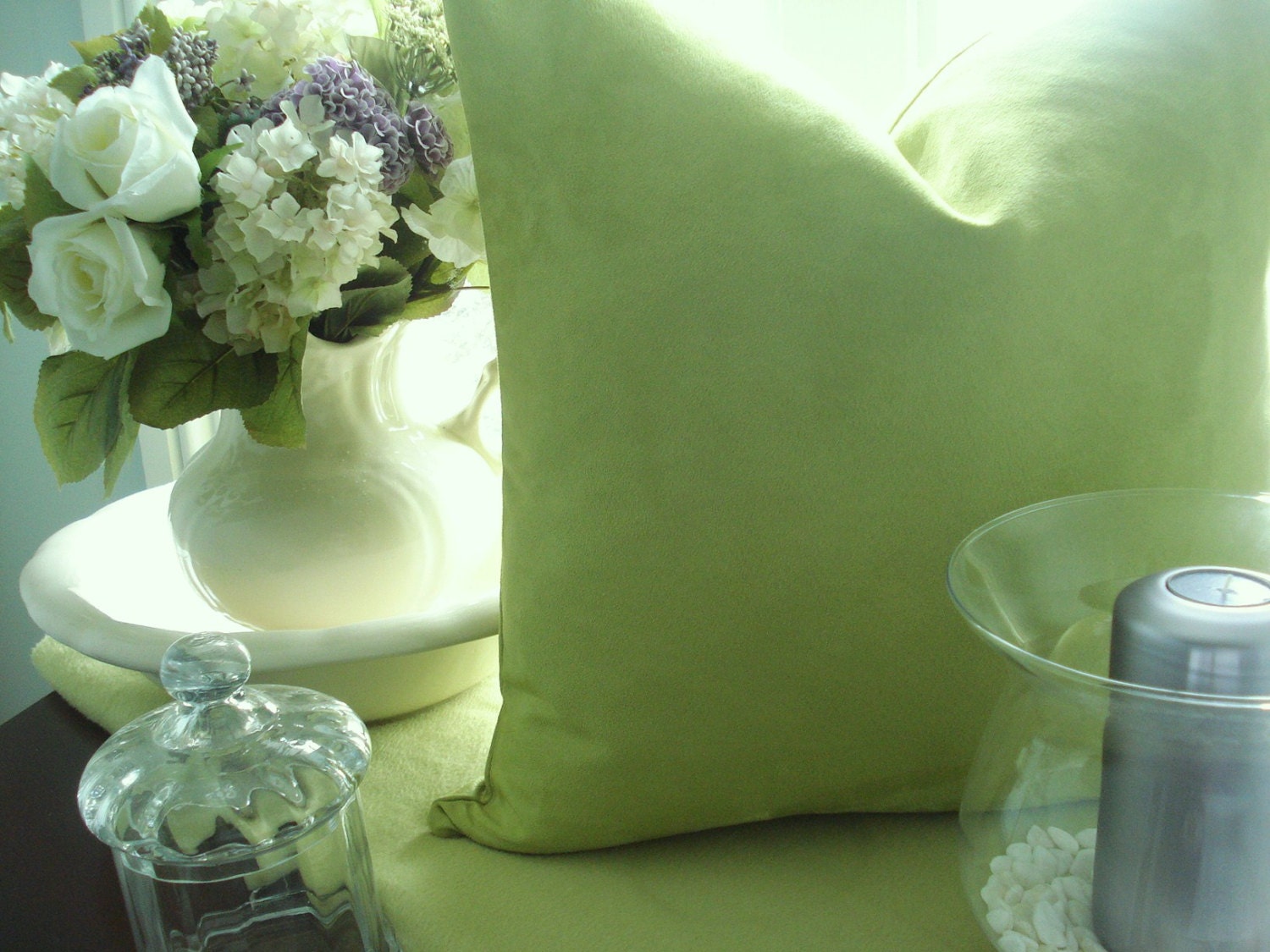 BOTH SIDES - 20" 22 " sq and Lumbers--Decorative  Designer Pillow Cover--Celery /Apple Green Textured- Soft  Suede Throw/Toss/Lumbar Pillow