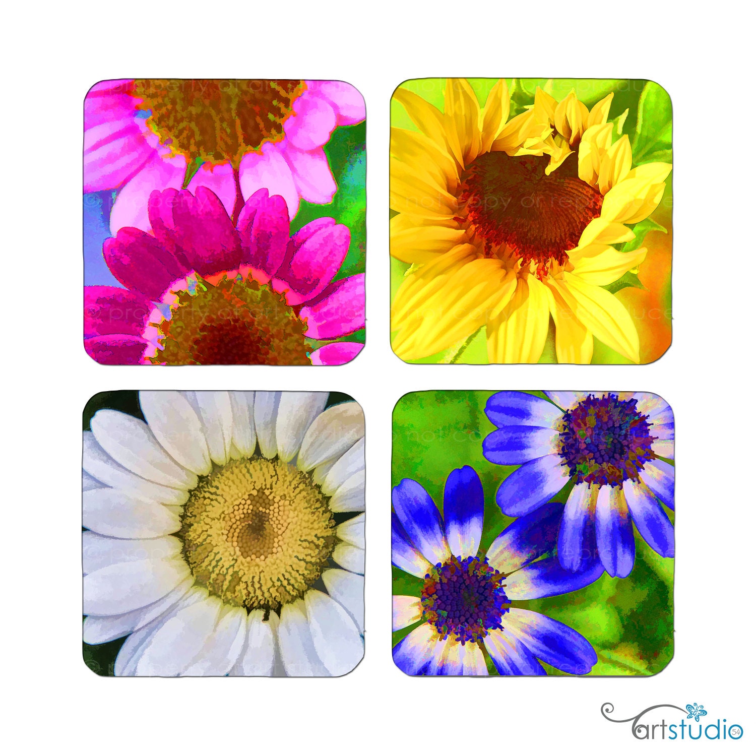 Coasters - Set of Four - Painted Pixels - Flowers Garden - Cork Bottom - Pink, Yellow, White, Blue - Made by artstudio54